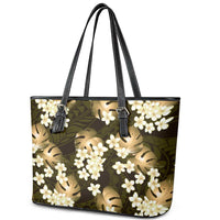 Gold Tropical Hawaii Leather Tote Bag Seamless Monstera Plumeria Hawaiian Pattern LT14 - Polynesian Pride