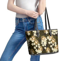 Gold Tropical Hawaii Leather Tote Bag Seamless Monstera Plumeria Hawaiian Pattern LT14 - Polynesian Pride