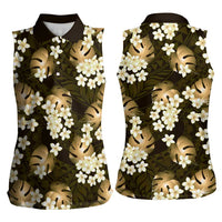 Gold Tropical Hawaii Women Sleeveless Polo Shirt Seamless Monstera Plumeria Hawaiian Pattern - Polynesian Pride