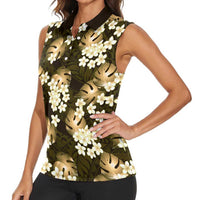 Gold Tropical Hawaii Women Sleeveless Polo Shirt Seamless Monstera Plumeria Hawaiian Pattern - Polynesian Pride