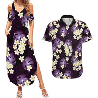 Purple Tropical Hawaii Couples Matching Summer Maxi Dress and Hawaiian Shirt Seamless Monstera Plumeria Hawaiian Pattern - Polynesian Pride