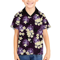 Purple Tropical Hawaii Family Matching Off The Shoulder Long Sleeve Dress and Hawaiian Shirt Seamless Monstera Plumeria Hawaiian Pattern - Polynesian Pride