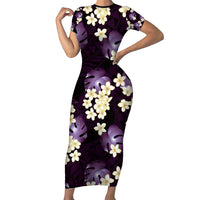 Purple Tropical Hawaii Family Matching Short Sleeve Bodycon Dress and Hawaiian Shirt Seamless Monstera Plumeria Hawaiian Pattern LT14 Mom's Dress Purple - Polynesian Pride