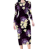 Purple Tropical Hawaii Long Sleeve Bodycon Dress Seamless Monstera Plumeria Hawaiian Pattern - Polynesian Pride