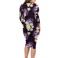 Purple Tropical Hawaii Long Sleeve Bodycon Dress Seamless Monstera Plumeria Hawaiian Pattern - Polynesian Pride