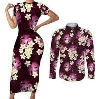 Pink Tropical Hawaii Couples Matching Short Sleeve Bodycon Dress and Long Sleeve Button Shirt Seamless Monstera Plumeria Hawaiian Pattern - Polynesian Pride