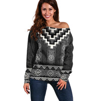 Black Taniko Aotearoa Off Shoulder Sweater Niho Taniwha Mix Poutama LT14
