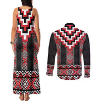 Red Taniko Aotearoa Couples Matching Tank Maxi Dress and Long Sleeve Button Shirt Niho Taniwha Mix Poutama LT14