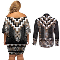 Brown Taniko Aotearoa Couples Matching Off Shoulder Short Dress and Long Sleeve Button Shirt Niho Taniwha Mix Poutama LT14
