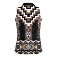 Brown Taniko Aotearoa Women Sleeveless Polo Shirt Niho Taniwha Mix Poutama LT14