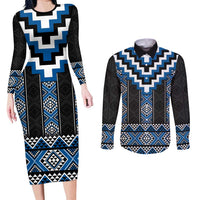 Blue Taniko Aotearoa Couples Matching Long Sleeve Bodycon Dress and Long Sleeve Button Shirt Niho Taniwha Mix Poutama LT14