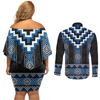 Blue Taniko Aotearoa Couples Matching Off Shoulder Short Dress and Long Sleeve Button Shirt Niho Taniwha Mix Poutama LT14