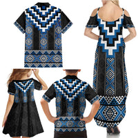 Blue Taniko Aotearoa Family Matching Summer Maxi Dress and Hawaiian Shirt Niho Taniwha Mix Poutama LT14
