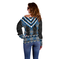 Blue Taniko Aotearoa Off Shoulder Sweater Niho Taniwha Mix Poutama LT14
