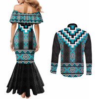 Turquoise Taniko Pattern Aotearoa Couples Matching Mermaid Dress and Long Sleeve Button Shirt Niho Taniwha Mix Poutama LT14