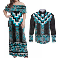 Turquoise Taniko Pattern Aotearoa Couples Matching Off Shoulder Maxi Dress and Long Sleeve Button Shirt Niho Taniwha Mix Poutama LT14