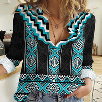 Turquoise Taniko Pattern Aotearoa Women Casual Shirt Niho Taniwha Mix Poutama LT14 Female Turquoise - Polynesian Pride