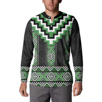 Green Taniko Pattern Aotearoa Button Sweatshirt Niho Taniwha Mix Poutama LT14