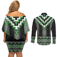 Green Taniko Pattern Aotearoa Couples Matching Off Shoulder Short Dress and Long Sleeve Button Shirt Niho Taniwha Mix Poutama LT14