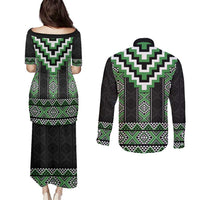 Green Taniko Pattern Aotearoa Couples Matching Puletasi and Long Sleeve Button Shirt Niho Taniwha Mix Poutama LT14