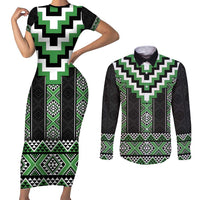 Green Taniko Pattern Aotearoa Couples Matching Short Sleeve Bodycon Dress and Long Sleeve Button Shirt Niho Taniwha Mix Poutama LT14