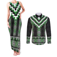 Green Taniko Pattern Aotearoa Couples Matching Tank Maxi Dress and Long Sleeve Button Shirt Niho Taniwha Mix Poutama LT14