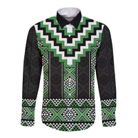 Green Taniko Pattern Aotearoa Long Sleeve Button Shirt Niho Taniwha Mix Poutama LT14