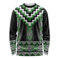 Green Taniko Pattern Aotearoa Long Sleeve Shirt Niho Taniwha Mix Poutama LT14