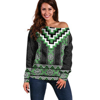 Green Taniko Pattern Aotearoa Off Shoulder Sweater Niho Taniwha Mix Poutama LT14