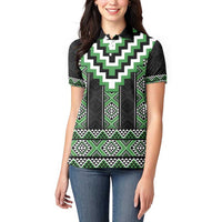 Green Taniko Pattern Aotearoa Women Polo Shirt Niho Taniwha Mix Poutama LT14