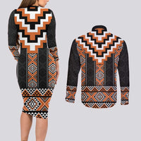 Orange Taniko Pattern Aotearoa Couples Matching Long Sleeve Bodycon Dress and Long Sleeve Button Shirt Niho Taniwha Mix Poutama LT14