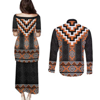 Orange Taniko Pattern Aotearoa Couples Matching Puletasi and Long Sleeve Button Shirt Niho Taniwha Mix Poutama LT14