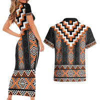 Orange Taniko Pattern Aotearoa Couples Matching Short Sleeve Bodycon Dress and Hawaiian Shirt Niho Taniwha Mix Poutama LT14