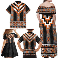 Orange Taniko Pattern Aotearoa Family Matching Off Shoulder Maxi Dress and Hawaiian Shirt Niho Taniwha Mix Poutama LT14