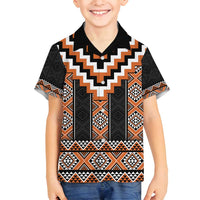 Orange Taniko Pattern Aotearoa Family Matching Off Shoulder Short Dress and Hawaiian Shirt Niho Taniwha Mix Poutama LT14
