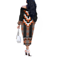 Orange Taniko Pattern Aotearoa Off The Shoulder Long Sleeve Dress Niho Taniwha Mix Poutama LT14 - Polynesian Pride