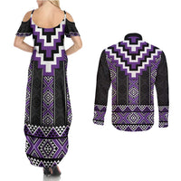 Purple Taniko Pattern Aotearoa Couples Matching Summer Maxi Dress and Long Sleeve Button Shirt Niho Taniwha Mix Poutama LT14