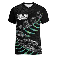 Custom New Zealand Silver Fern Rugby Women V-Neck T-Shirt Aotearoa Kiwi Maori Pattern