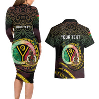 Personalised Vanuatu Couples Matching Long Sleeve Bodycon Dress and Hawaiian Shirt Yumi 45th Hapi Independens Dei - Black Version LT14