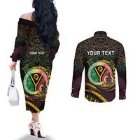 Personalised Vanuatu Couples Matching Off The Shoulder Long Sleeve Dress and Long Sleeve Button Shirt Yumi 46th Hapi Independens Dei - Black Version LT14 - Polynesian Pride
