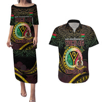 Personalised Vanuatu Couples Matching Puletasi and Hawaiian Shirt Yumi 46th Hapi Independens Dei - Black Version LT14 Black - Polynesian Pride