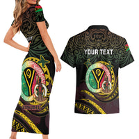 Personalised Vanuatu Couples Matching Short Sleeve Bodycon Dress and Hawaiian Shirt Yumi 46th Hapi Independens Dei - Black Version LT14 - Polynesian Pride