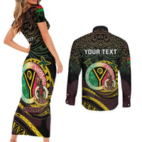 Personalised Vanuatu Couples Matching Short Sleeve Bodycon Dress and Long Sleeve Button Shirt Yumi 45th Hapi Independens Dei - Black Version LT14