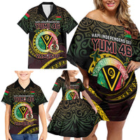 Personalised Vanuatu Family Matching Off Shoulder Short Dress and Hawaiian Shirt Yumi 45th Hapi Independens Dei - Black Version LT14