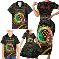 Personalised Vanuatu Family Matching Short Sleeve Bodycon Dress and Hawaiian Shirt Yumi 46th Hapi Independens Dei - Black Version LT14 - Polynesian Pride