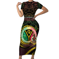 Personalised Vanuatu Family Matching Short Sleeve Bodycon Dress and Hawaiian Shirt Yumi 46th Hapi Independens Dei - Black Version LT14 Mom's Dress Black - Polynesian Pride