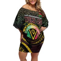 Personalised Vanuatu Off Shoulder Short Dress Yumi 46th Hapi Independens Dei - Black Version LT14 Women Black - Polynesian Pride