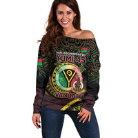 Personalised Vanuatu Off Shoulder Sweater Yumi 45th Hapi Independens Dei - Black Version LT14