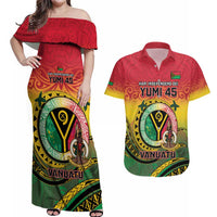 Personalised Vanuatu Couples Matching Off Shoulder Maxi Dress and Hawaiian Shirt Yumi 45th Hapi Independens Dei - Reggae Version LT14