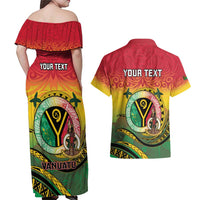 Personalised Vanuatu Couples Matching Off Shoulder Maxi Dress and Hawaiian Shirt Yumi 46th Hapi Independens Dei - Reggae Version LT14 - Polynesian Pride